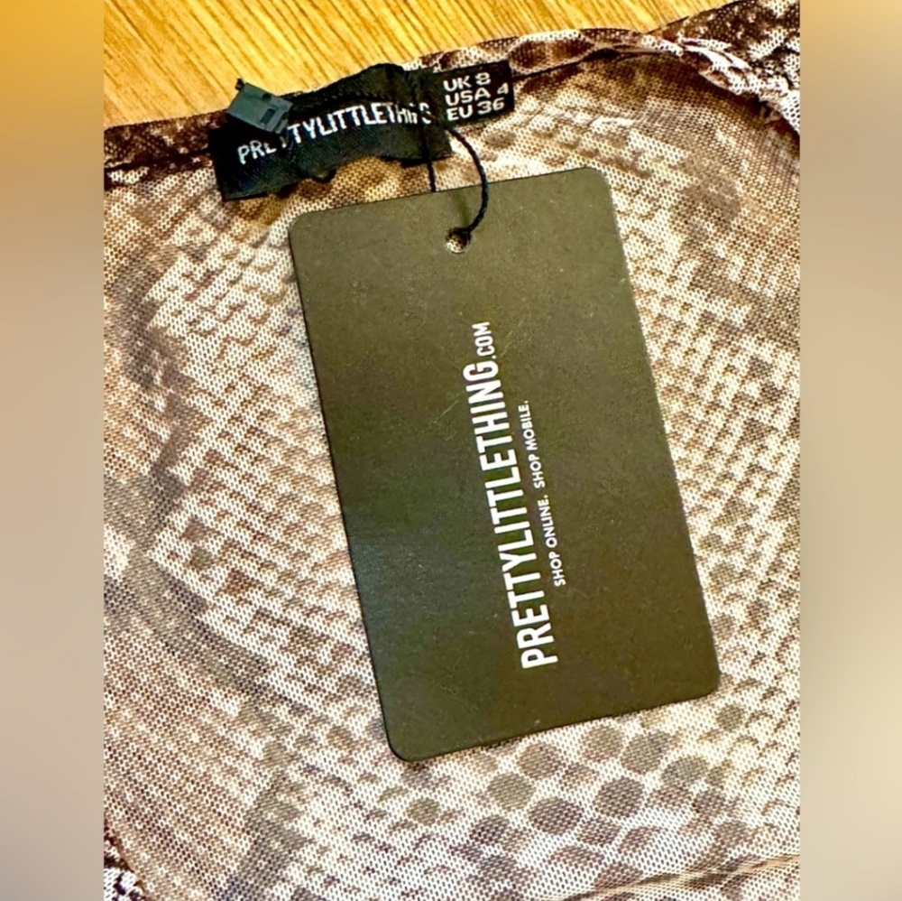 NWT, Pretty Little Thing Snakeskin Print Sheer Bodysuit - Picture 4 of 8